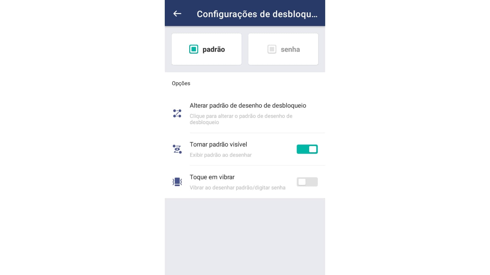 Tela de Configurações de desbloqueio do AppLock