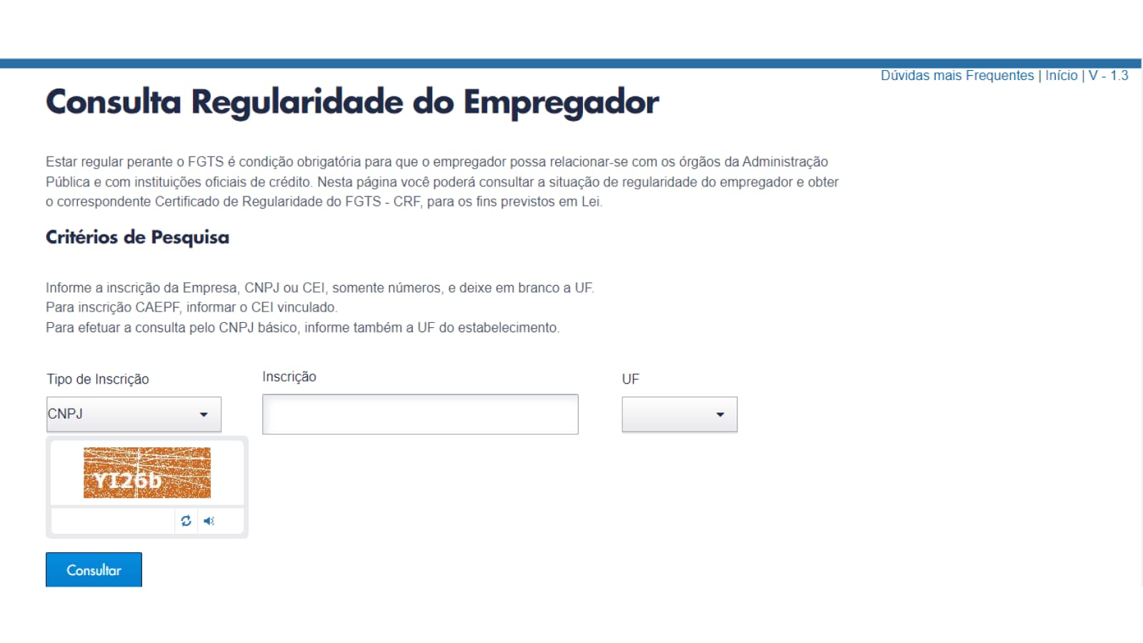 Tela de Consulta Regularidade do Empregador da Caixa