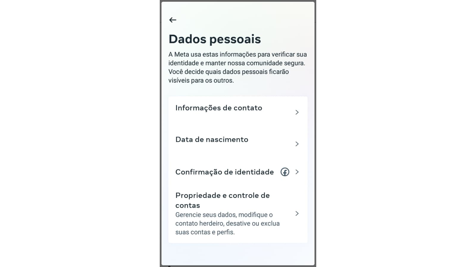 Tela de Dados pessoais do Facebook