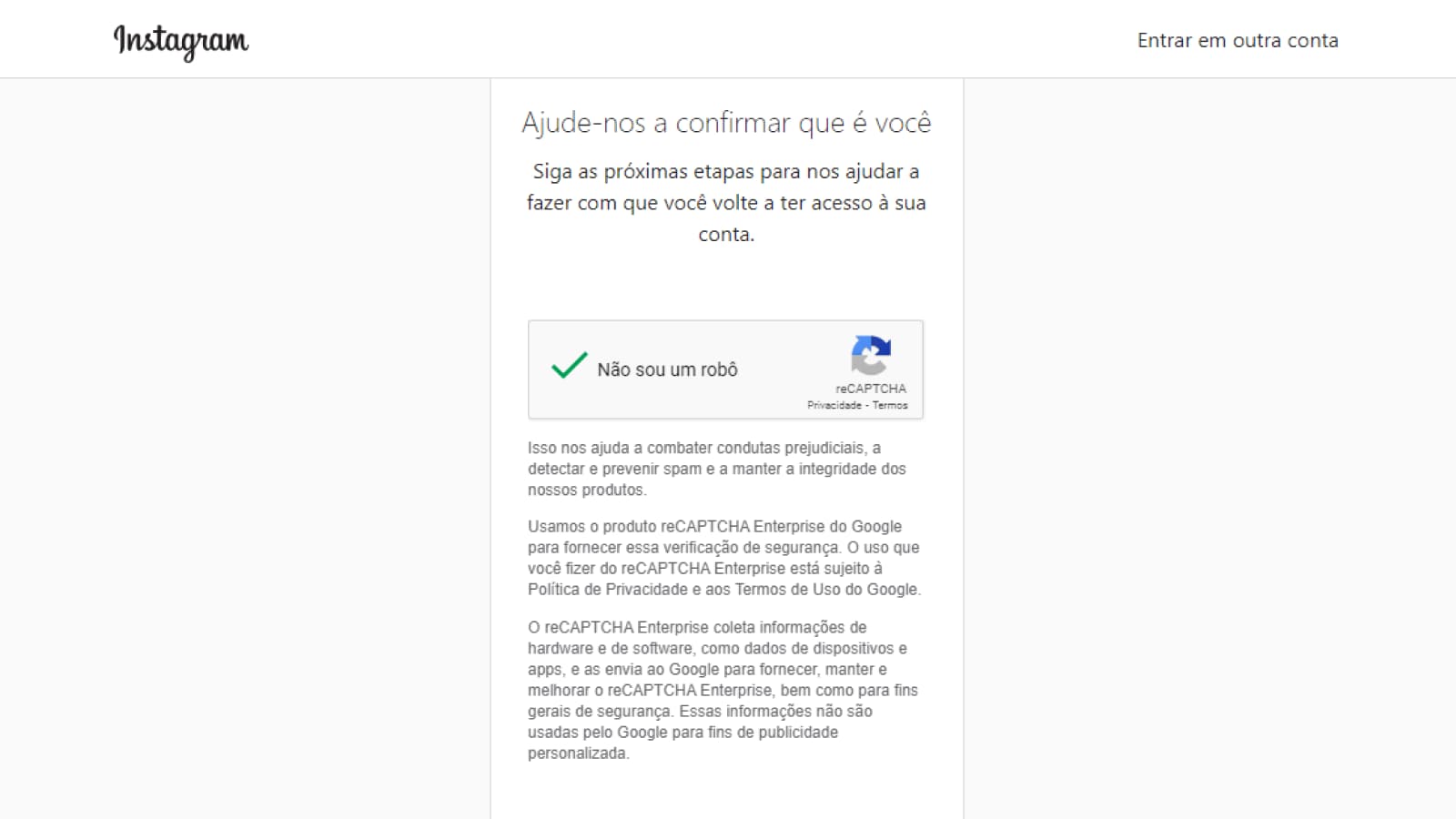 Tela de Não sou um robô no Instagram