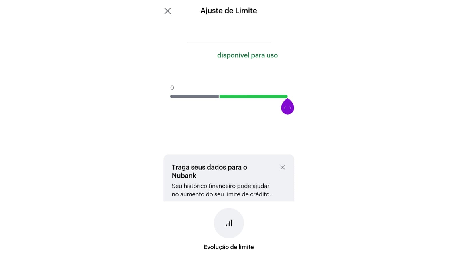 Tela de ajuste de limite do cartão de crédito Nubank