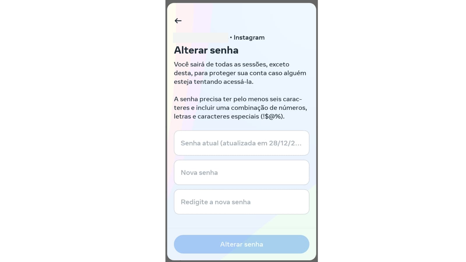 Tela de alteração de senha do Instagram