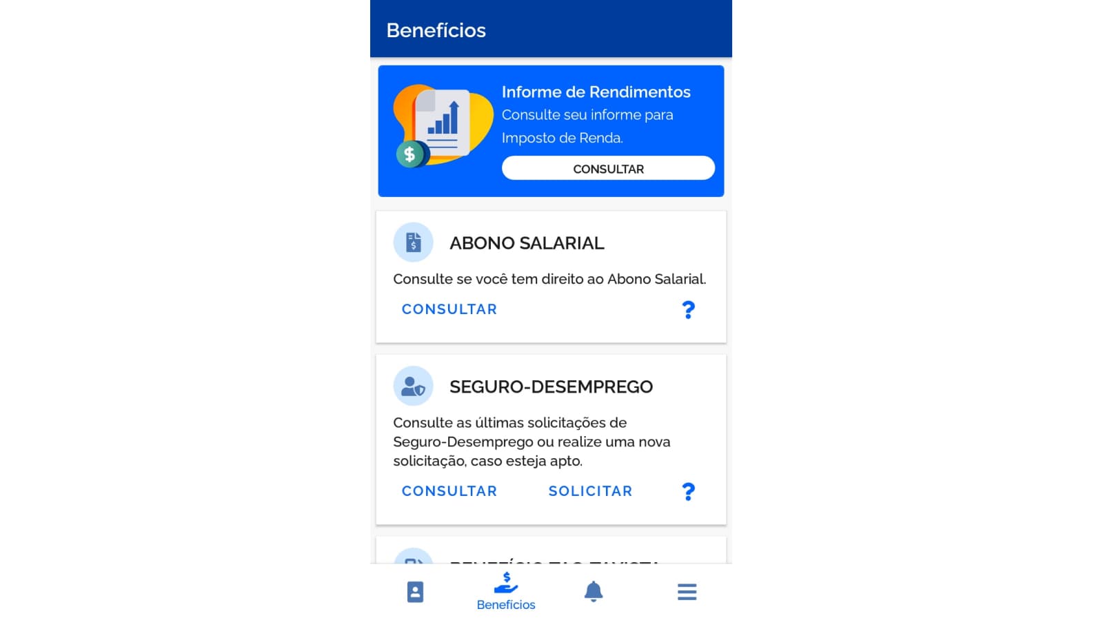 Tela de benefícios do app Carteira de Trabalho Digital