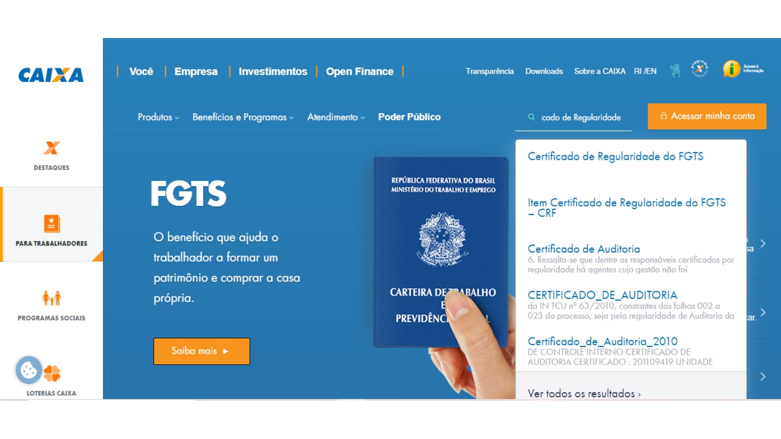 Tela de busca por Certificado de Regularidade do FGTS no site da Caixa