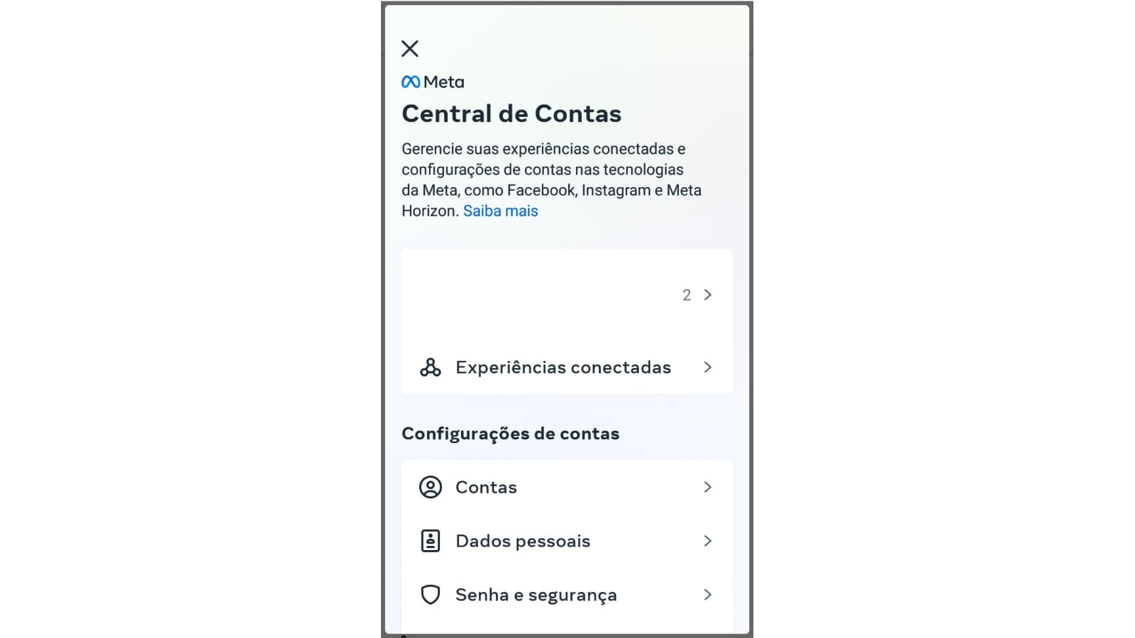 Tela de central de contas do Facebook