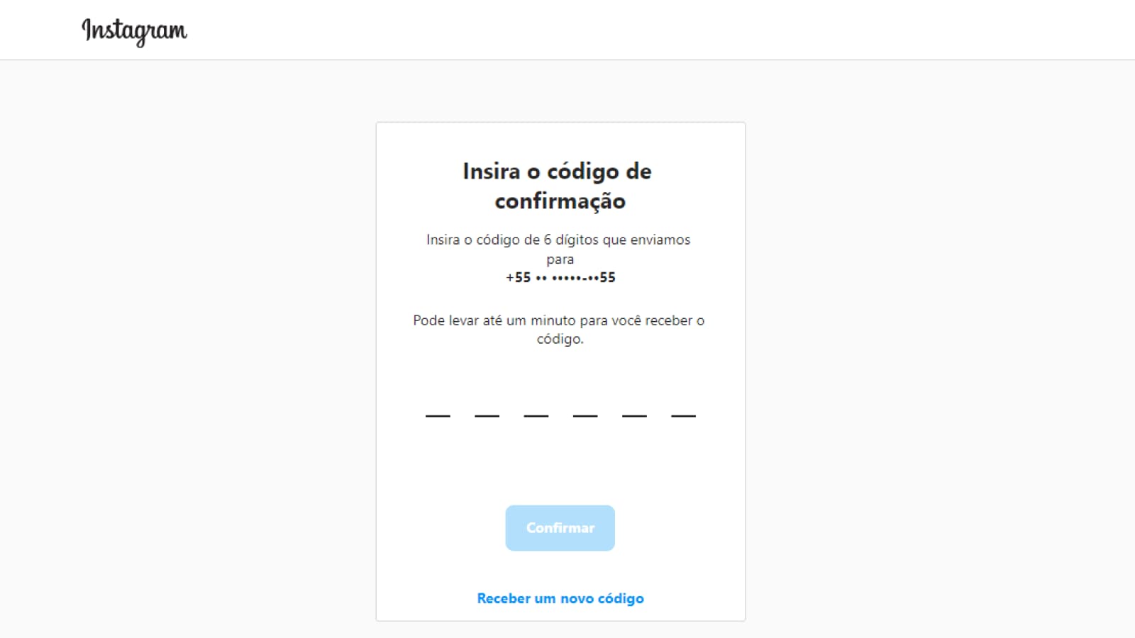 Tela de código de confirmação do Instagram