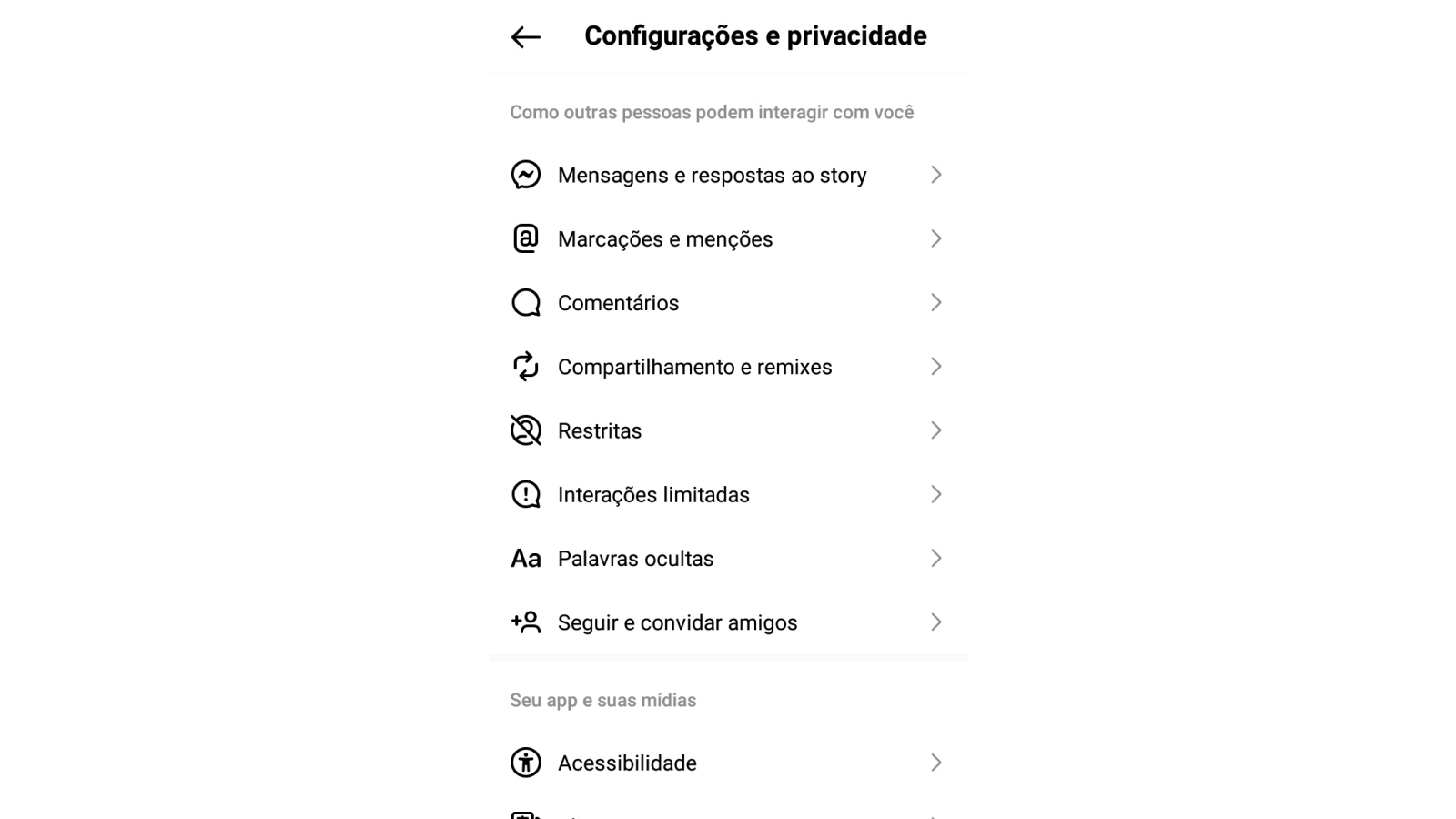 Tela de configurações de privacidade do Instagram