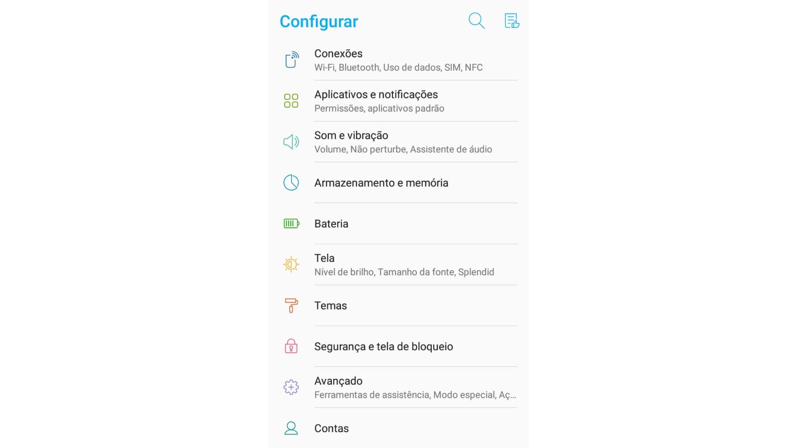 Tela de configurações do Android