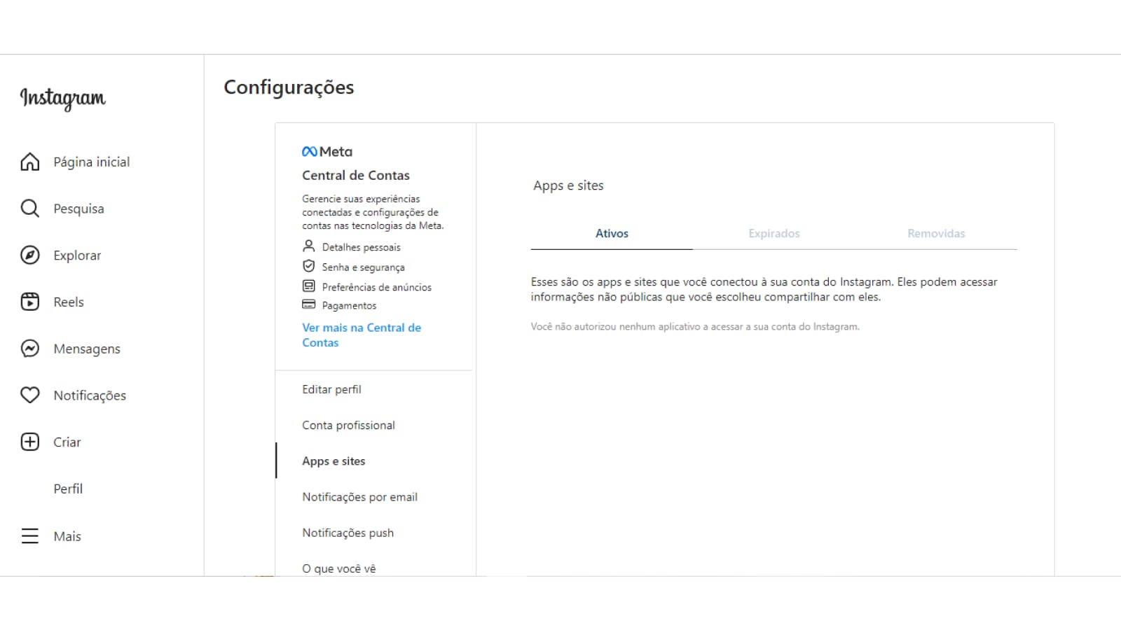 Tela de configurações do Instagram