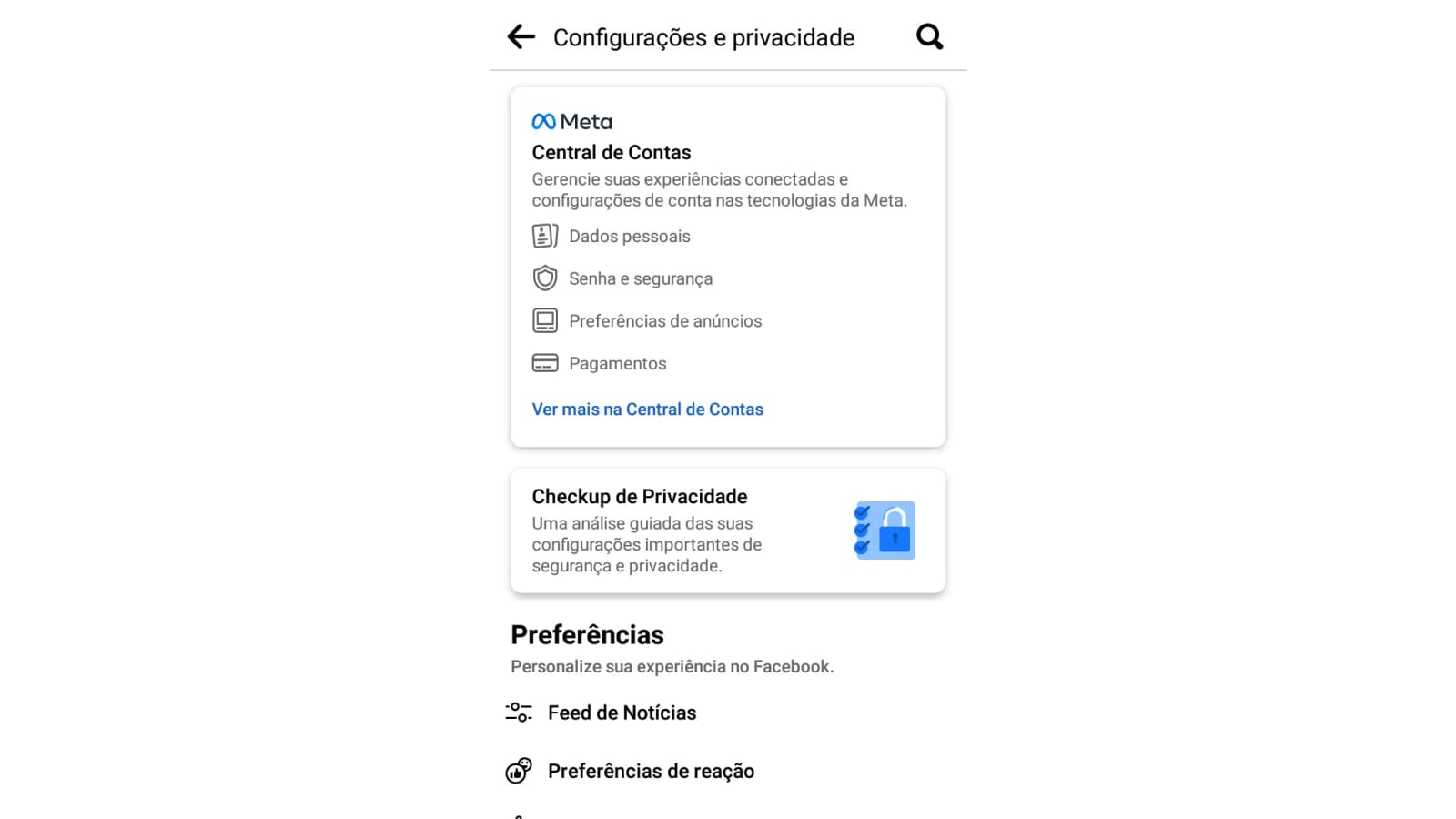 Tela de configurações e privacidade do Facebook