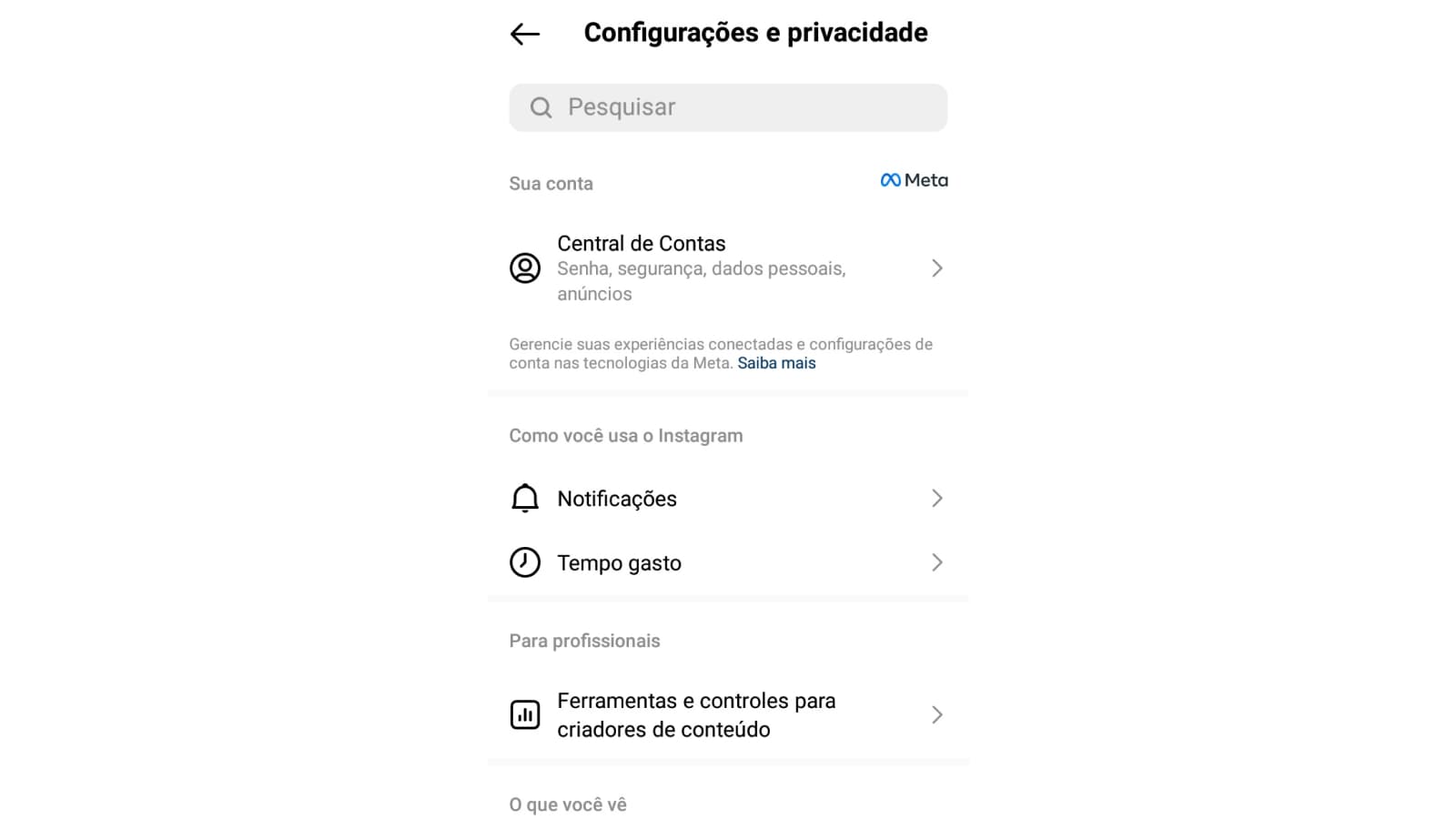 Tela de configurações e privacidade do Instagram