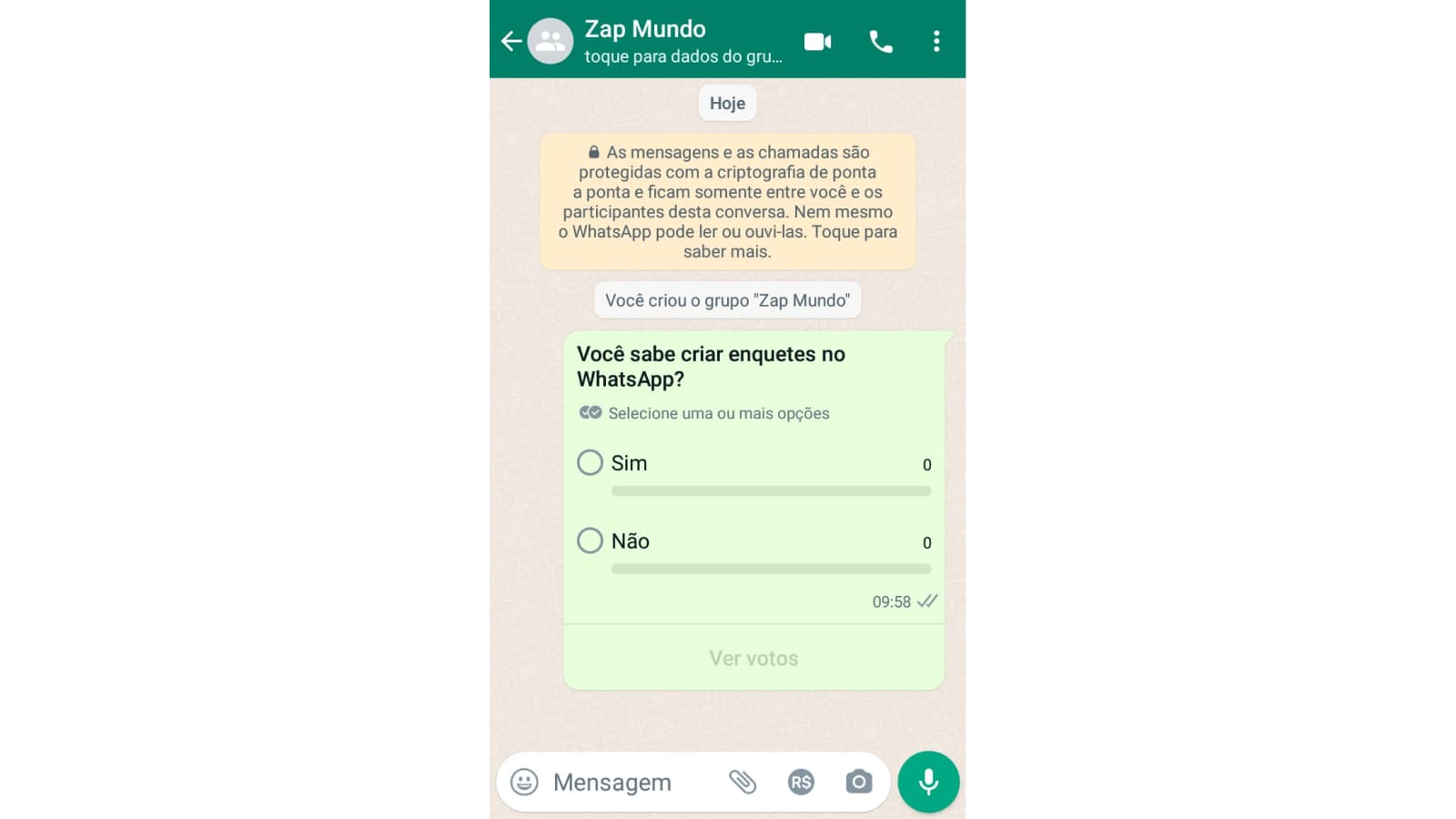 Tela de conversa de grupo do WhatsApp com enquete