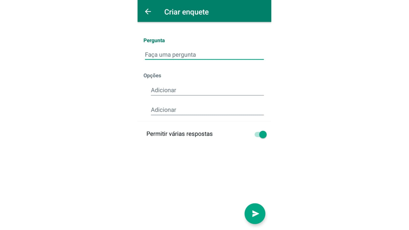 Tela de criação de enquete no WhatsApp