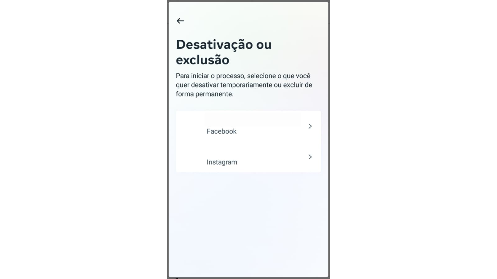 Tela de desativação ou exclusão do Facebook