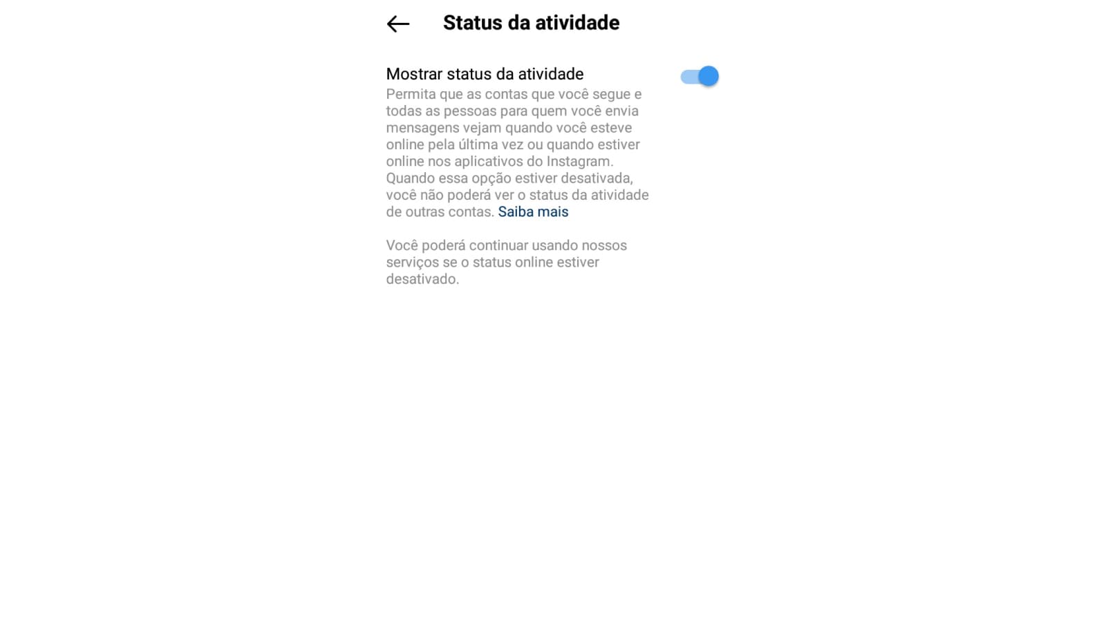 Tela de desativar status online do Instagram