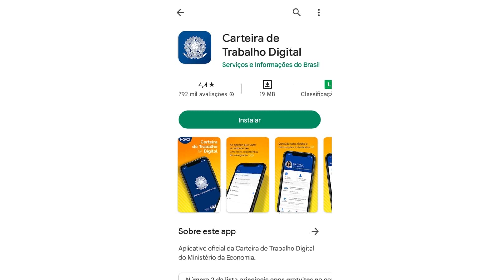Tela de download Carteira de Trabalho Digital na Play Store