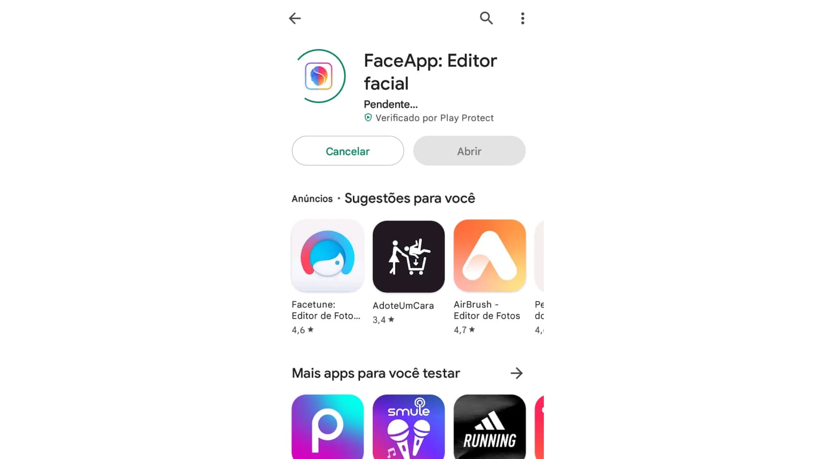 Tela de download do FaceApp na Play Store