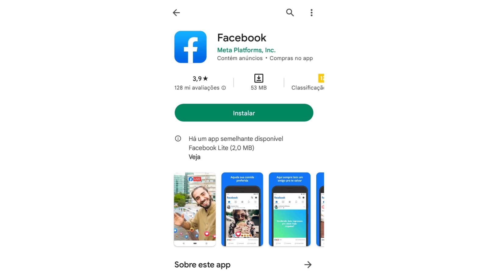 Tela de download do Facebook na Play Store