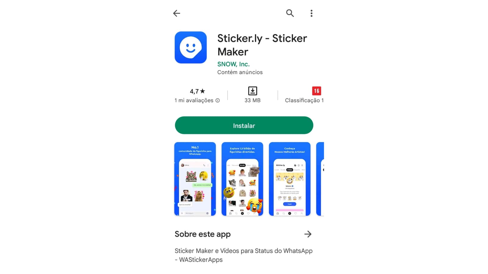 Tela de download do Sticker.ly na Play Store