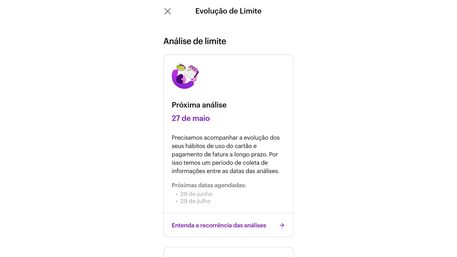 Tela de evolução de limite de cartão de crédito do Nubank