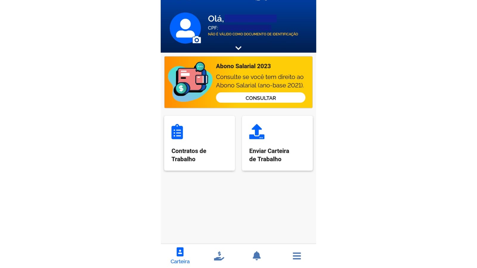 Tela de funções iniciais do app Carteira de Trabalho Digital