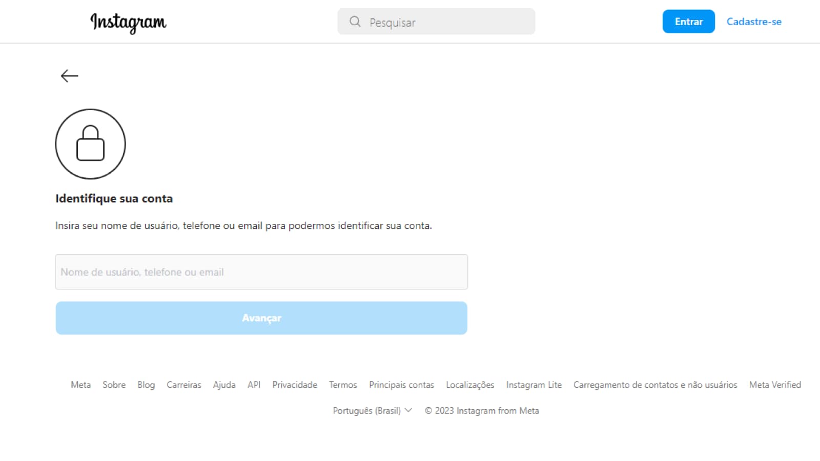 Tela de identificação de conta do Instagram