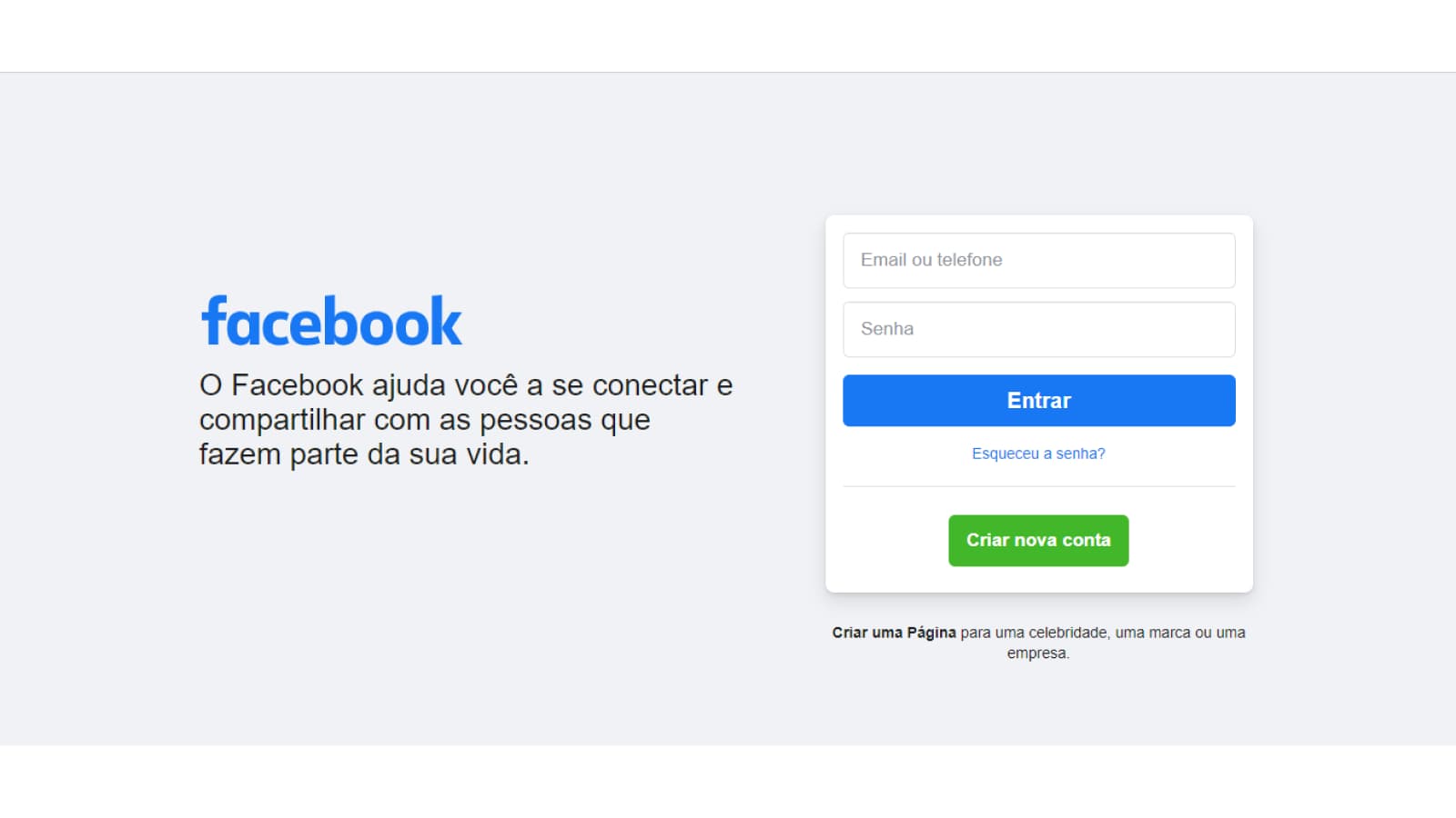 Tela de login do Facebook