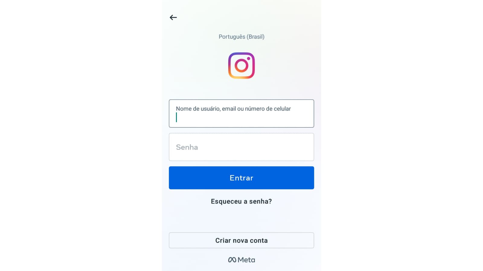 Tela de login do Instagram no celular