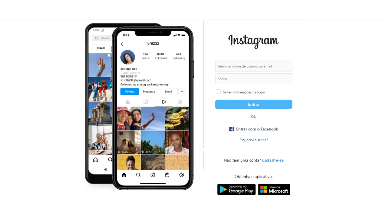 Tela de login do Instagram