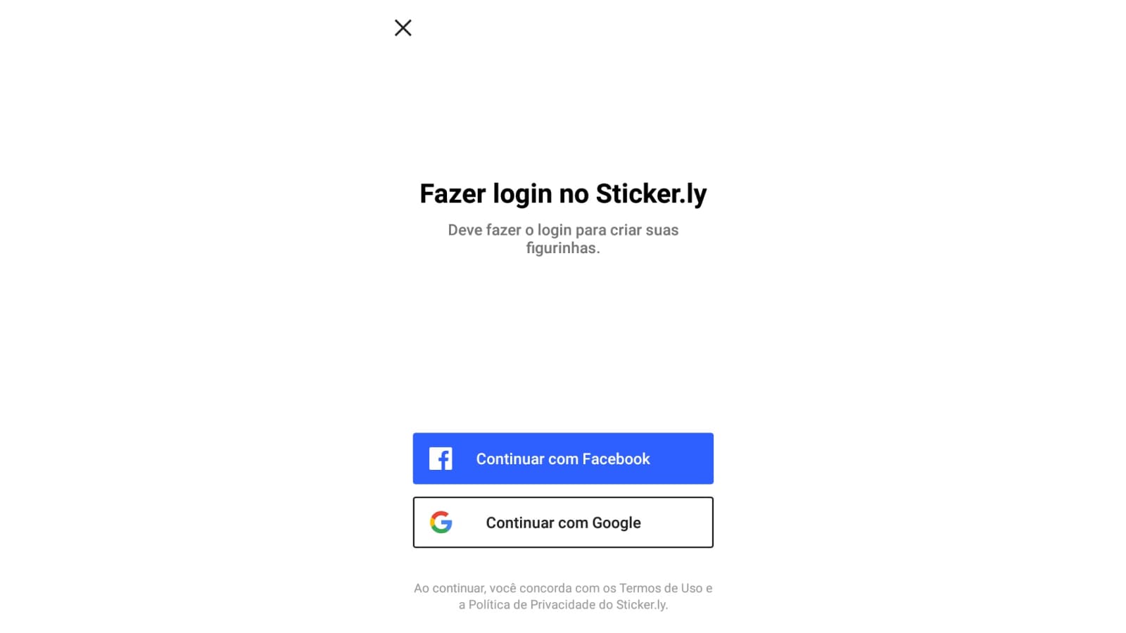 Tela de login do Sticker.ly