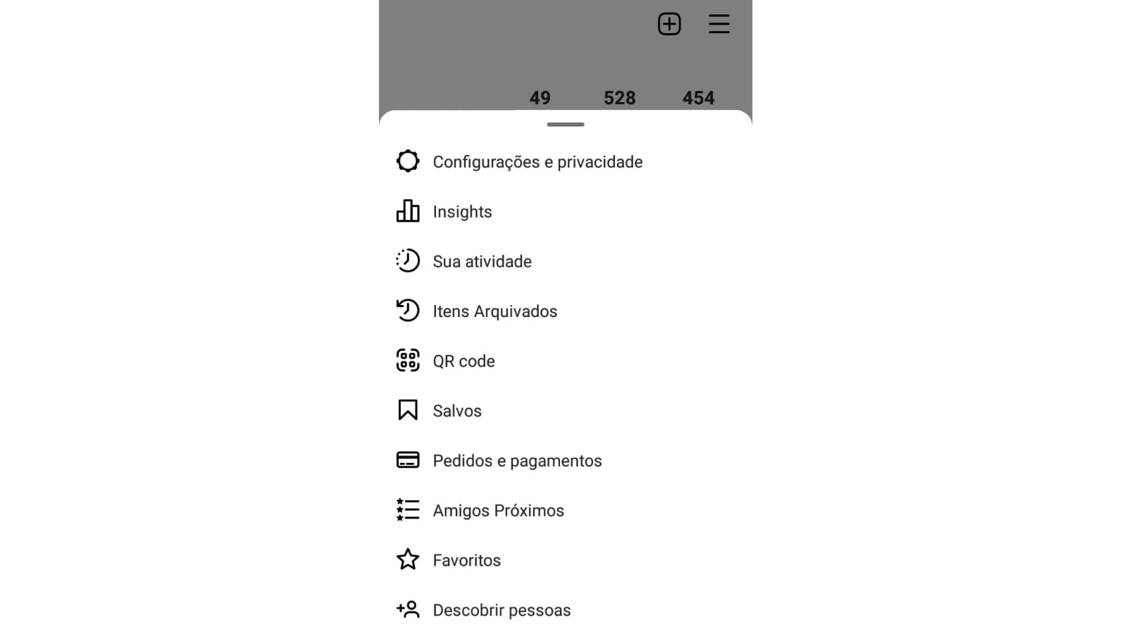 Tela de menu de opções do Instagram