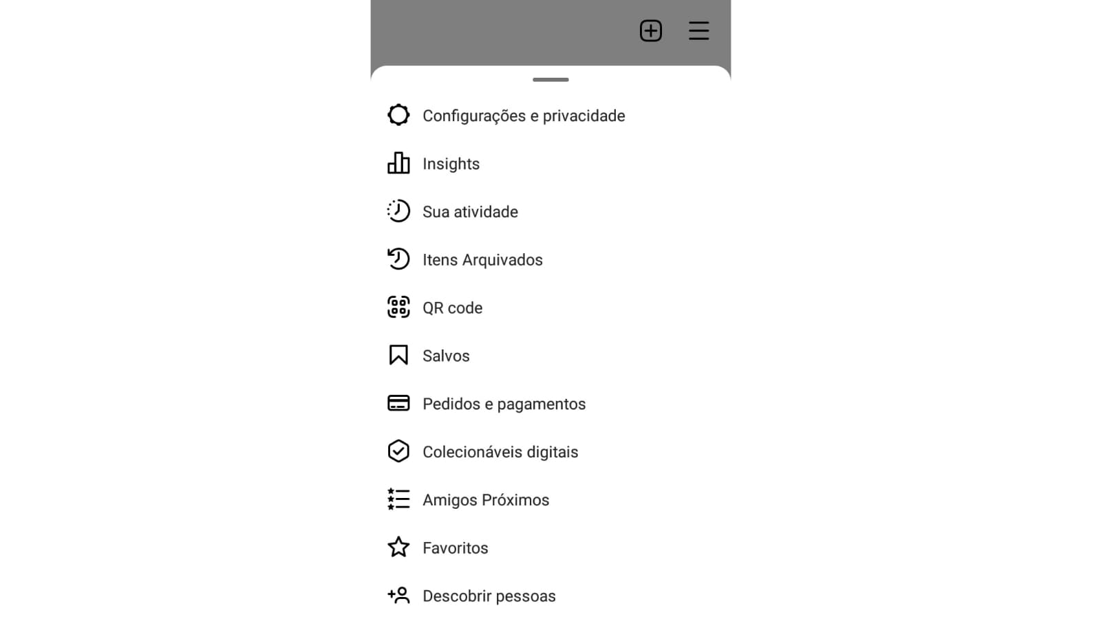 Tela de menu do Instagram