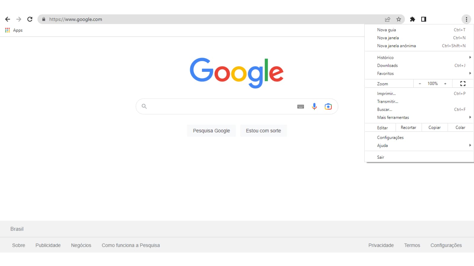 Tela de menu inicial do Google Chrome