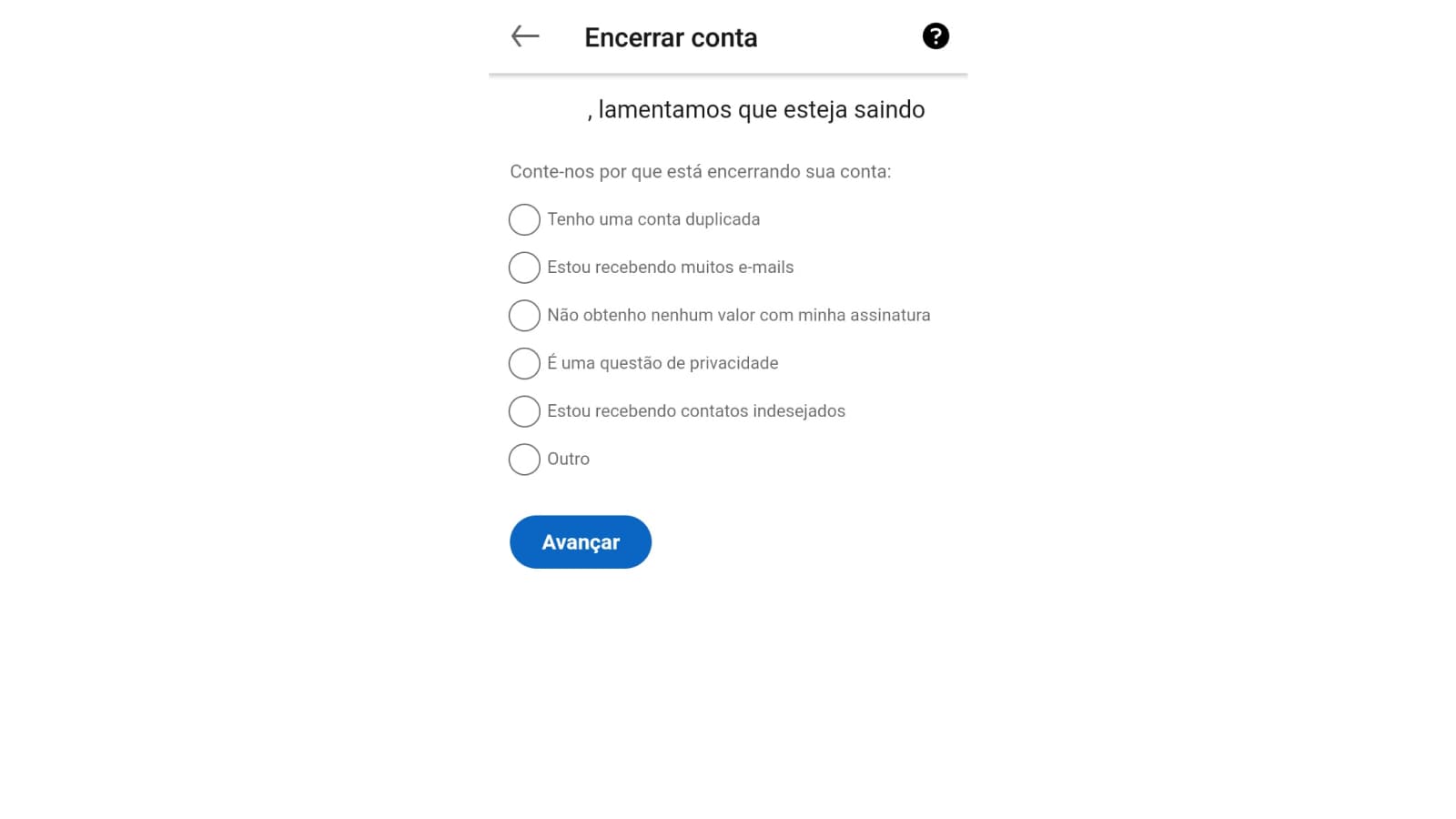 Tela de motivo para encerramento de conta do Linkedin