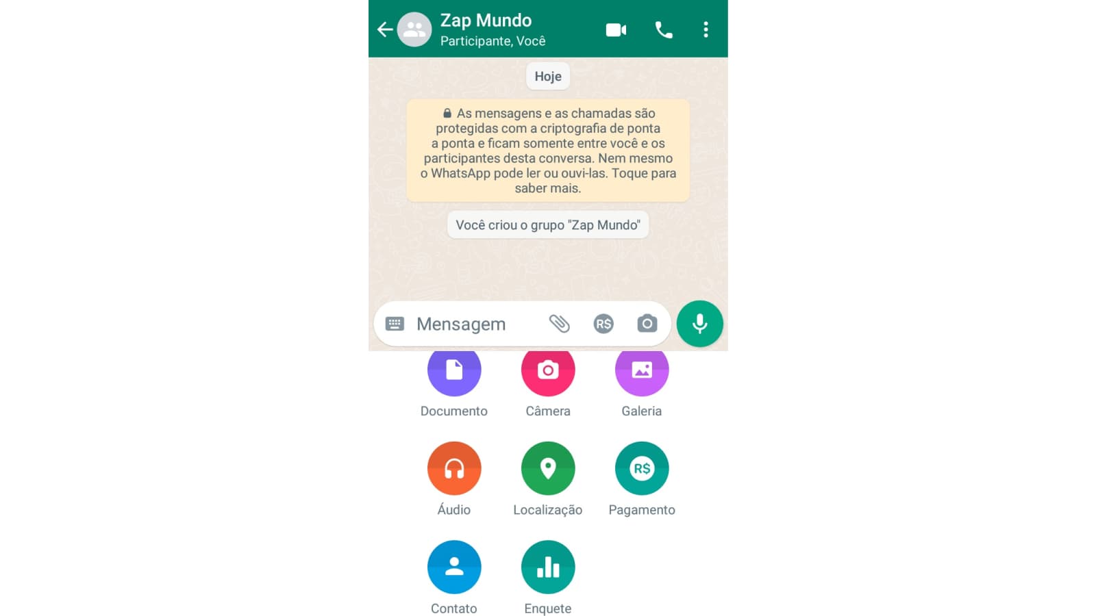 Tela de opções de criação do WhatsApp
