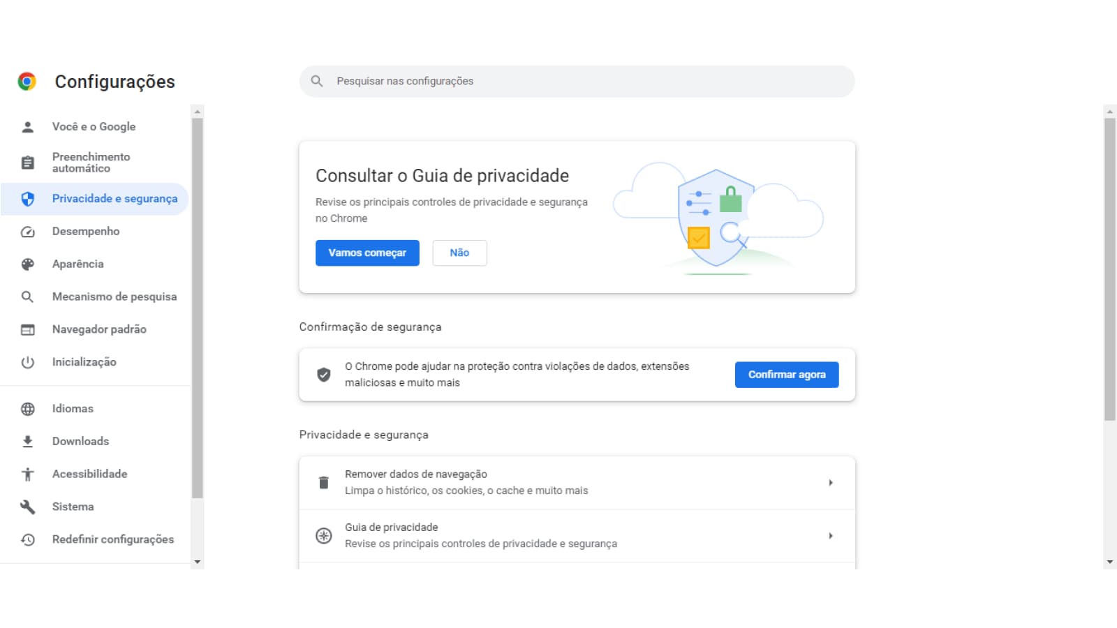 Tela de privacidade e segurança do Google Chrome