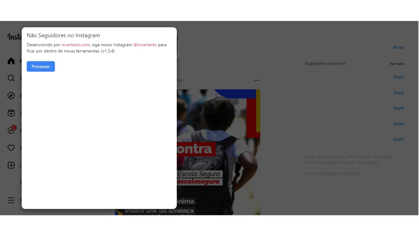 Tela de processo do Não Seguidores no Instagram