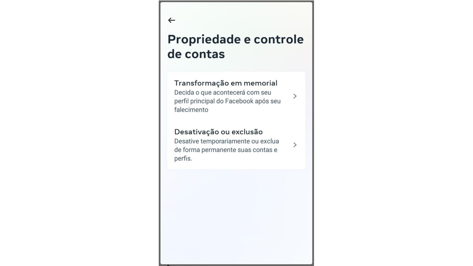 Tela de propriedade e controle de contas do Facebook