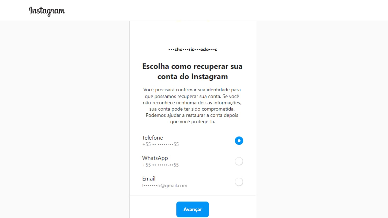 Tela de recuperação de conta do Instagram