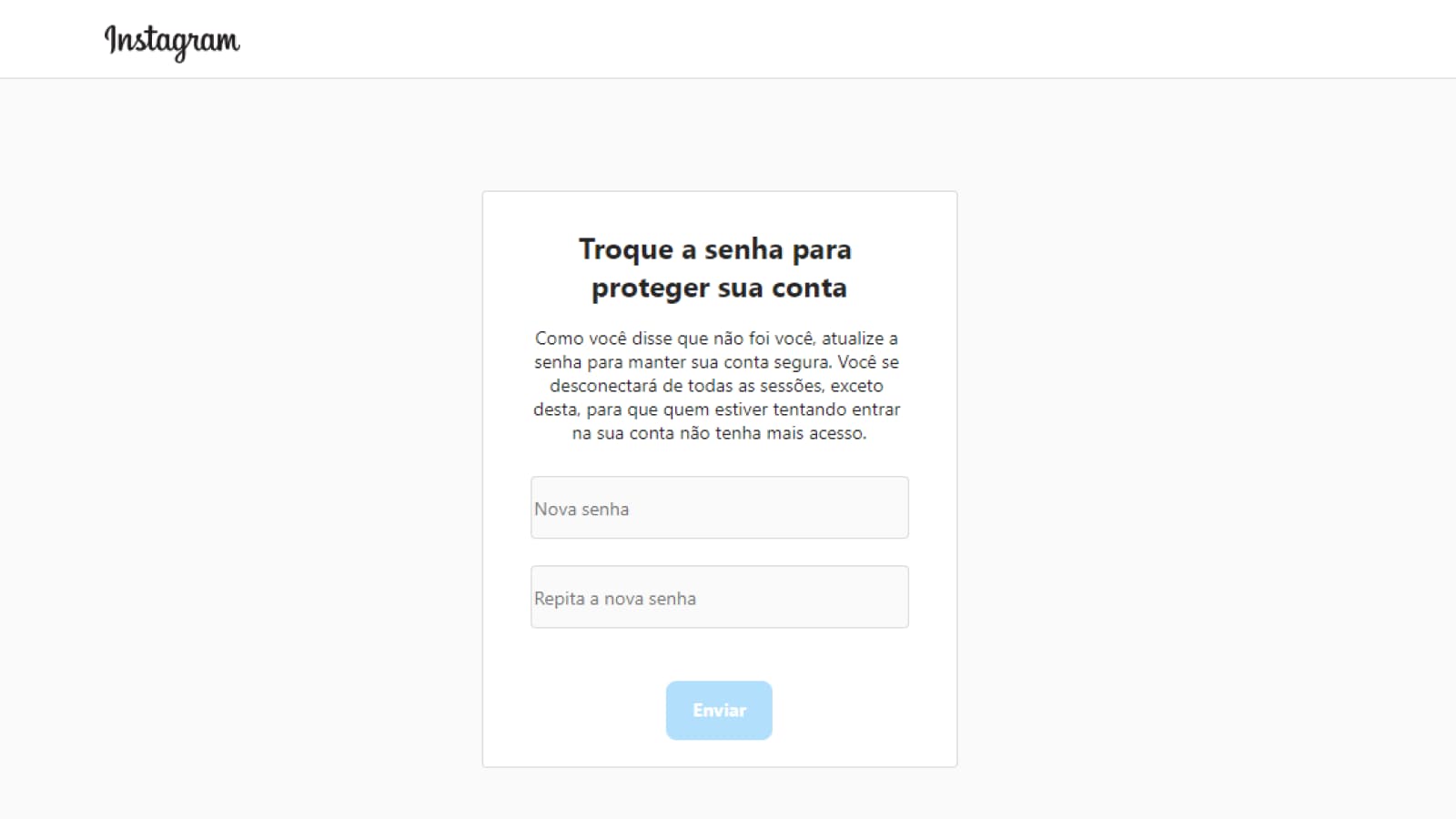 Tela de redefinição de senha do Instagram