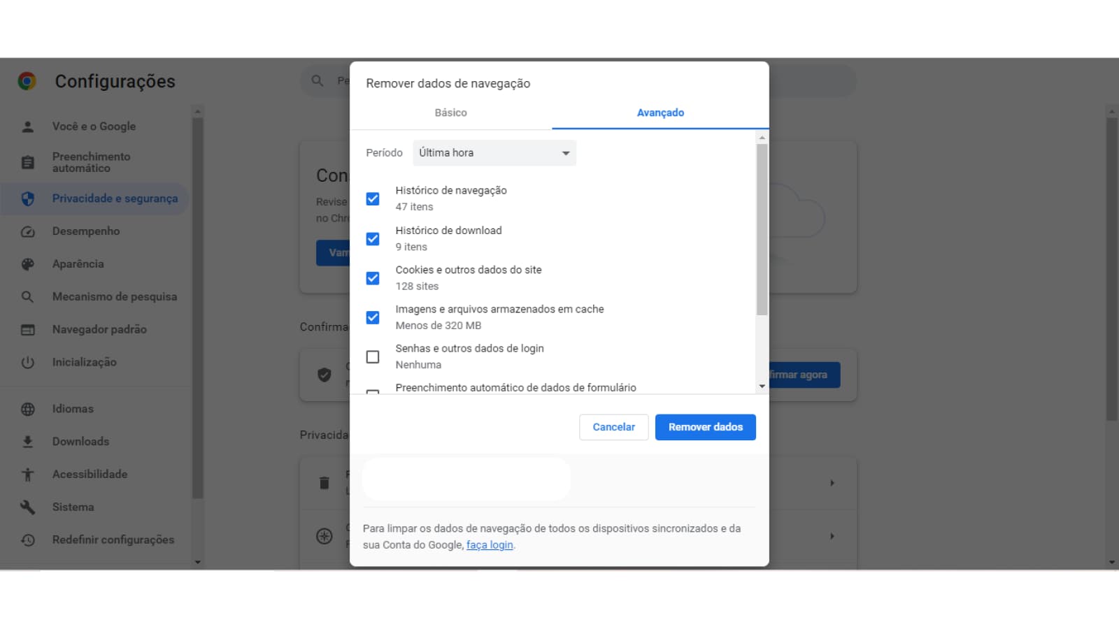 Tela de remover dados de navegação do Google Chrome