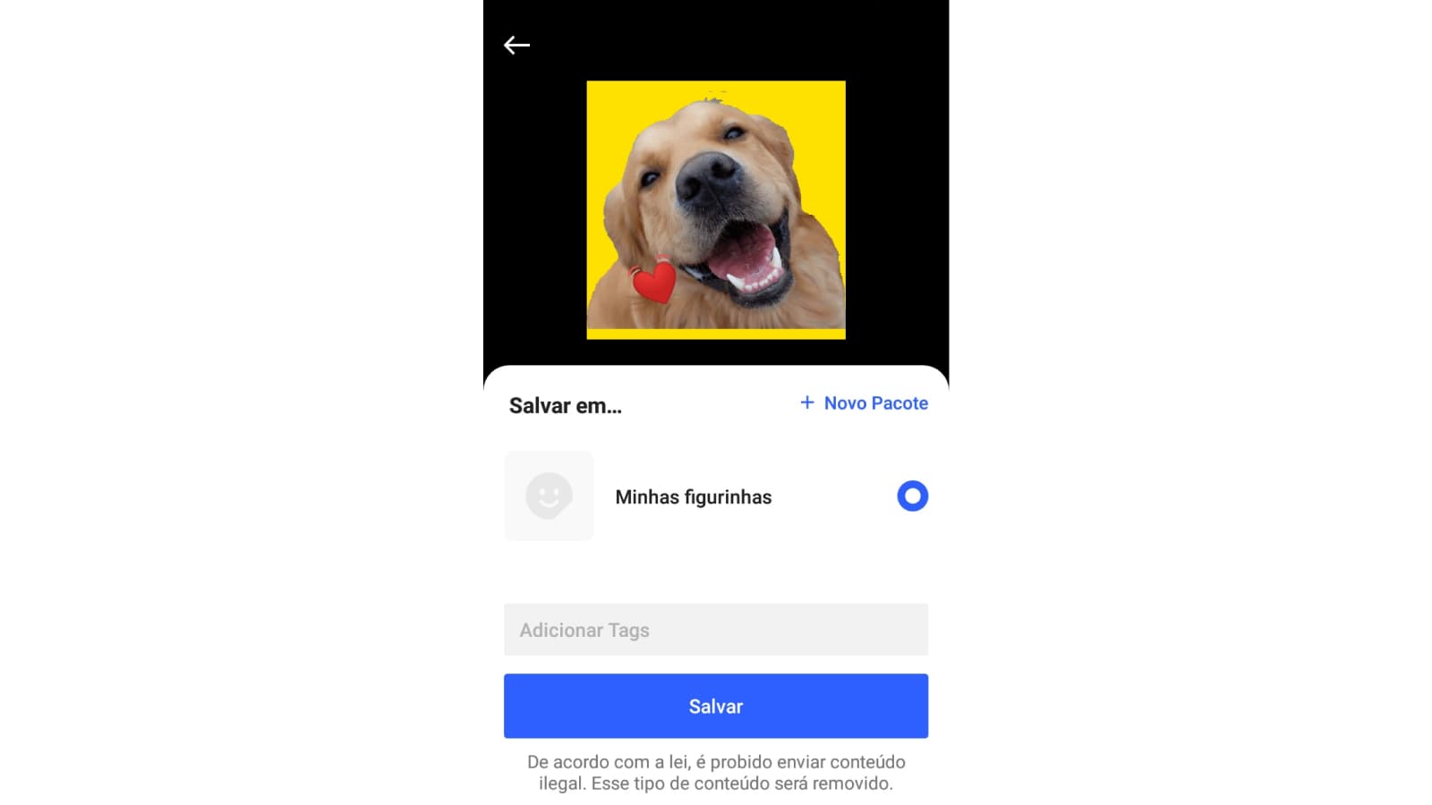 Tela de salvar em do Sticker.ly