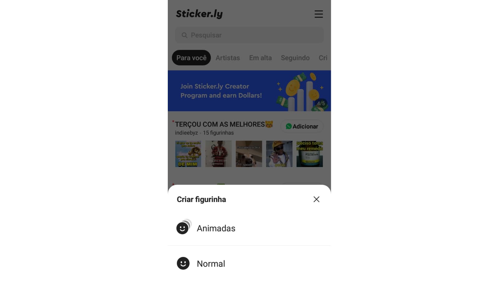 Tela de seleção de tipo de figurinha do Sticker.ly