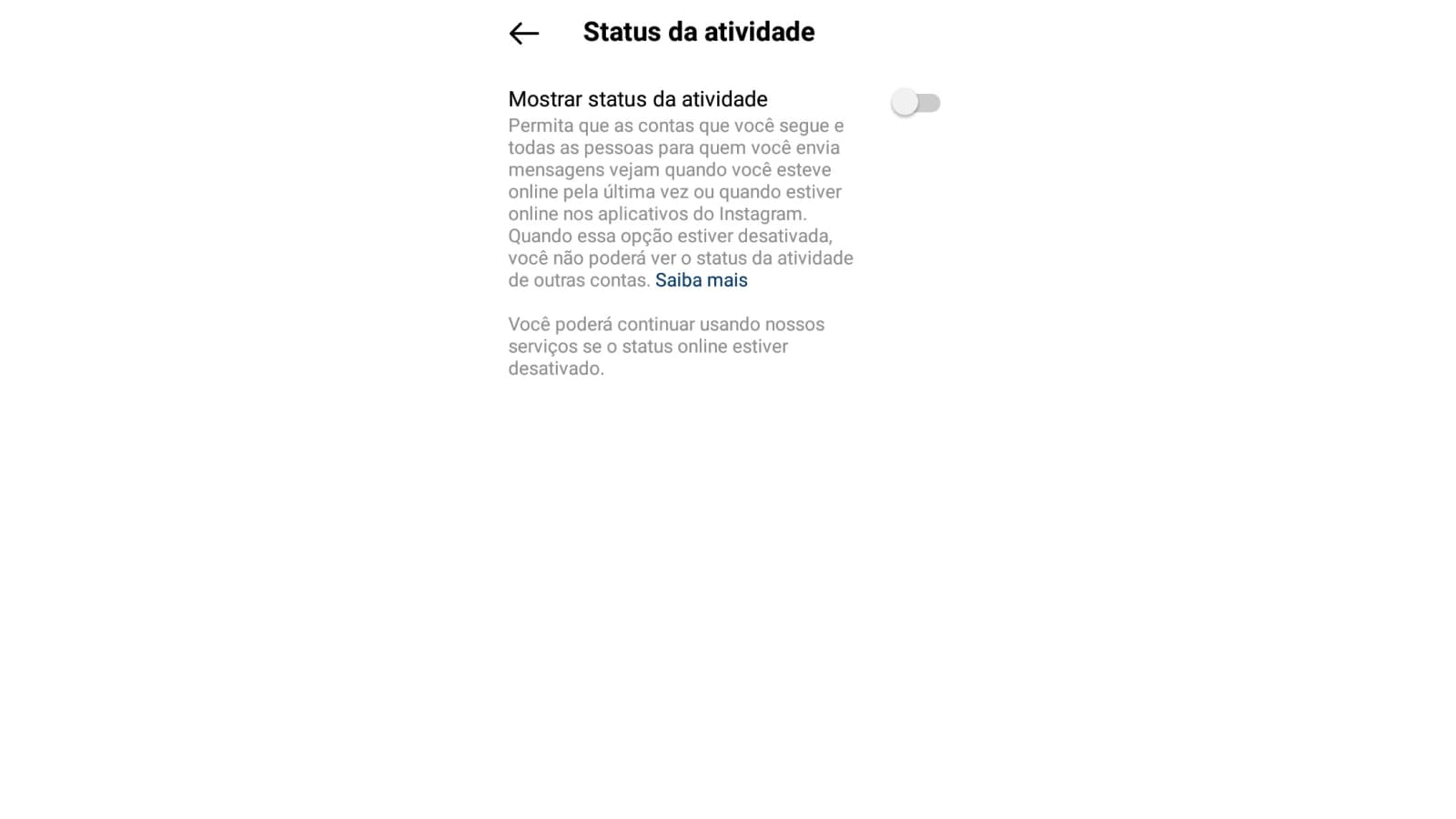 Tela de status online do Instagram desativado