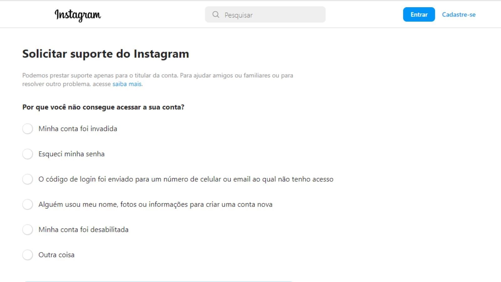 Tela de suporte do Instagram