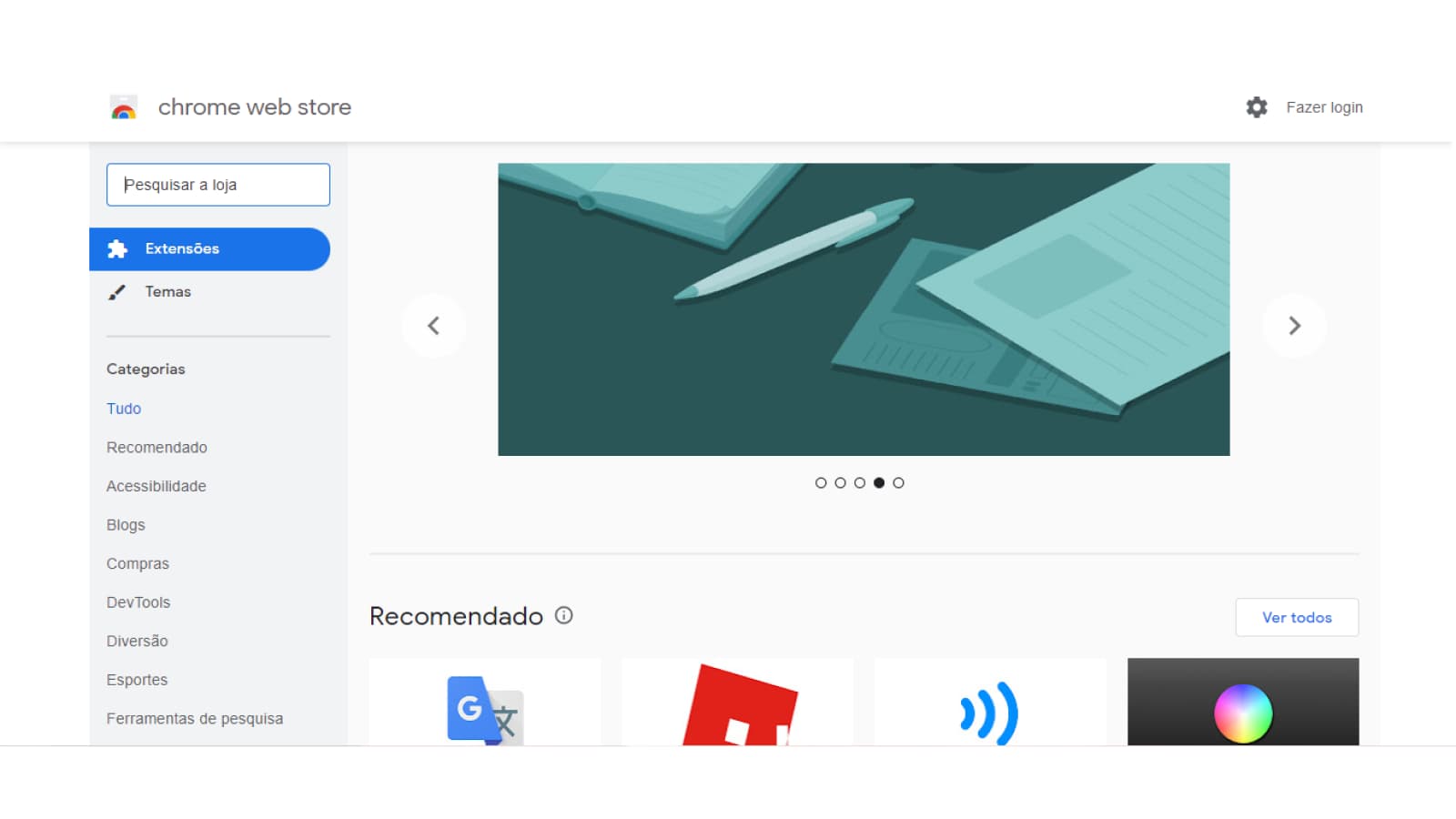 Tela inicial do Chrome Web Store