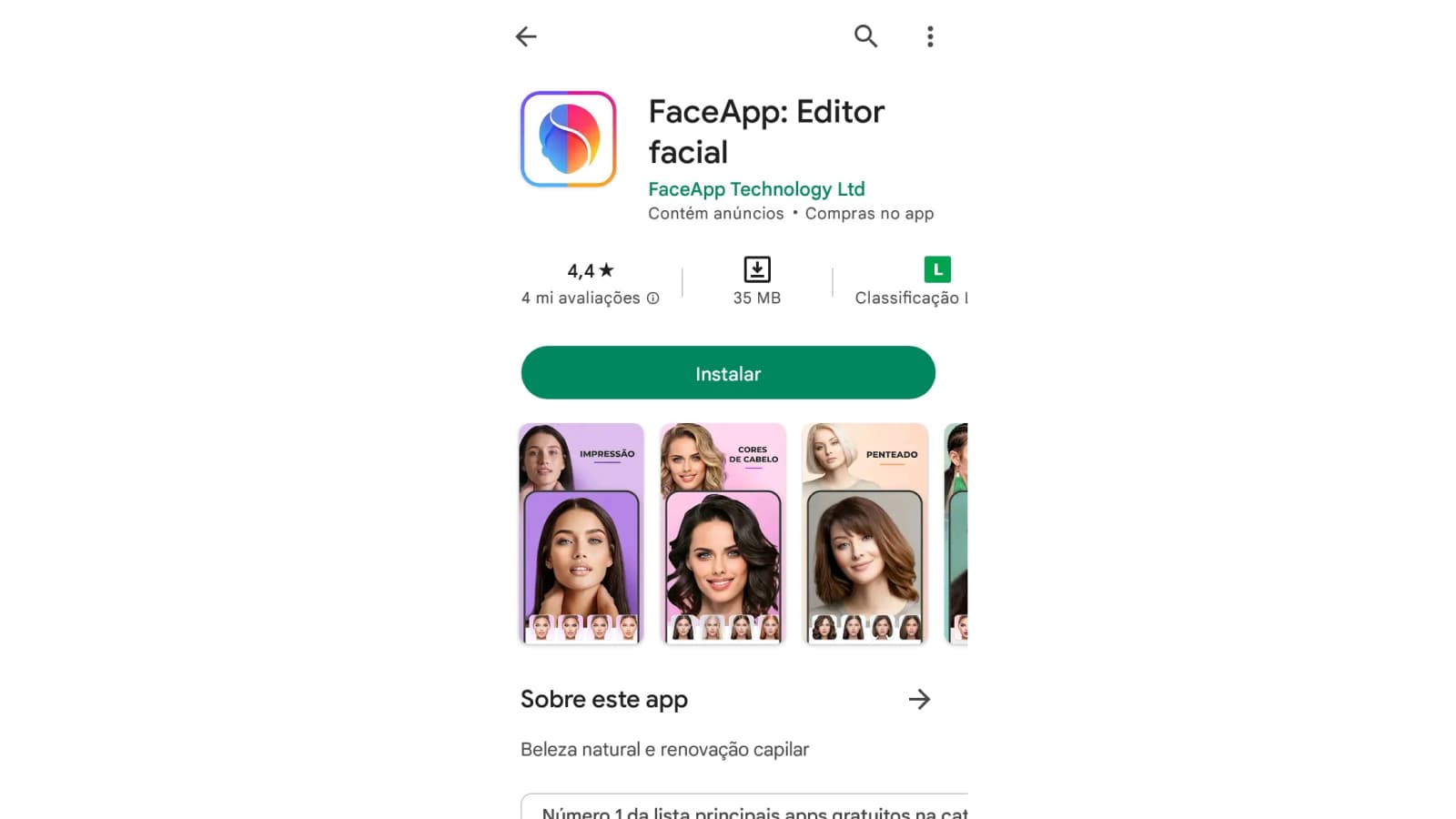 Tela inicial do FaceApp na Play Store