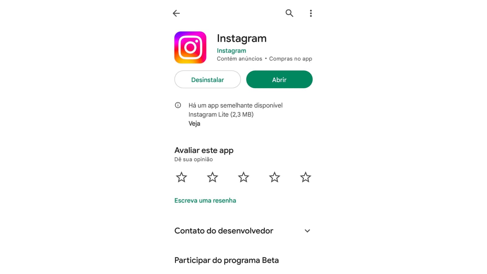Tela inicial do Instagram na Play Store
