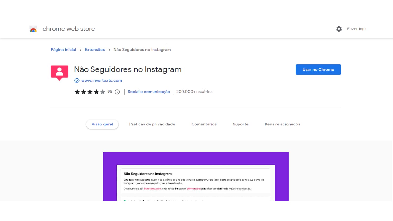 Tela inicial do Não Seguidores no Instagram no Chrome Web Store