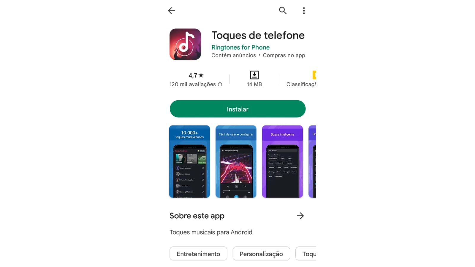 Tela inicial do Toques de Telefone na Play Store